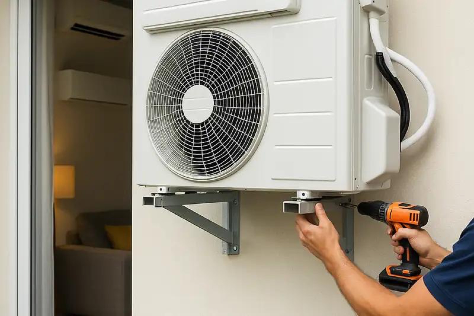 Técnico fixando a condensadora de um ar-condicionado split na parede